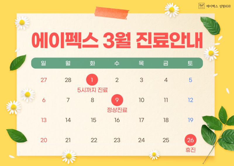 에이펙스성형외과 3월 공휴일 진료 안내