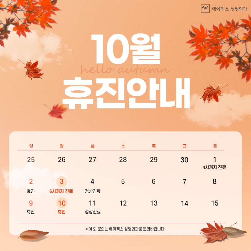 에이펙스성형외과 10월 공휴일 진료 안내