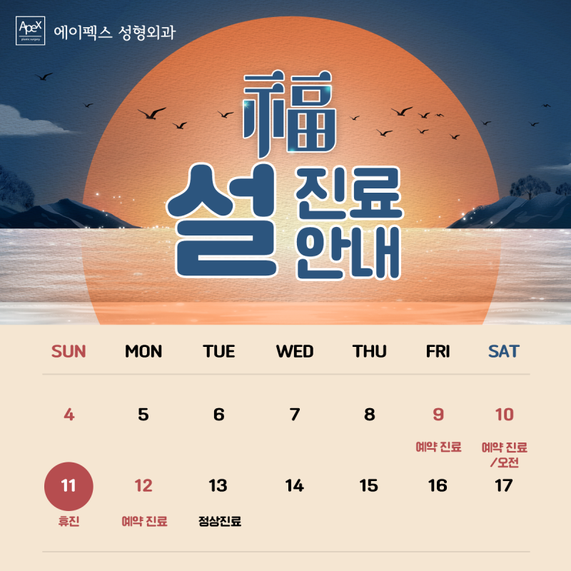 에이펙스성형외과 설 연휴 진료 안내